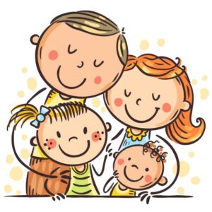 Cartoon doodle parents hugging kids, mother and father embrace their children, hand drawn vector illustration